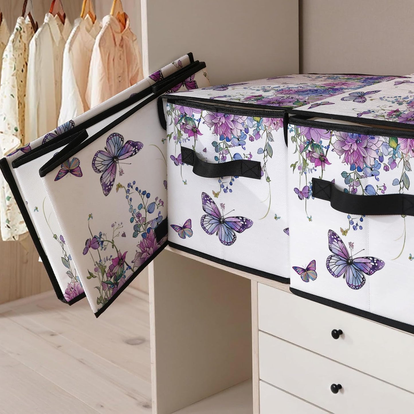 Butterfly Floral Fabric Storage Box (3 Pack) – Foldable Organizer with Lid, 38×24×24cm