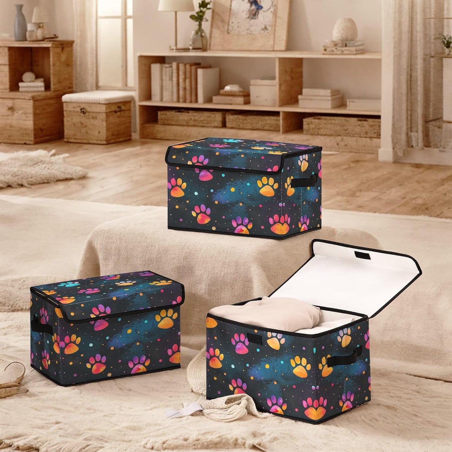 Black Night Sky Paw Print Fabric Storage Box (3 Pack) – Foldable Organizer with Lid, 38×24×24cm