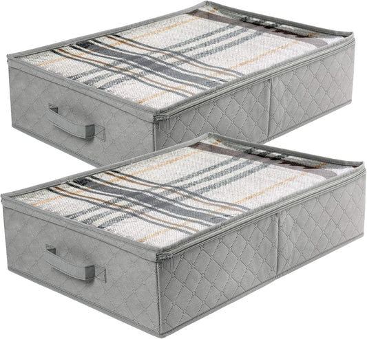 Gray Fabric Under Bed Storage Bags (2 Pack) – Large Capacity Foldable Organizers with Clear Lid and Handles, 24×16×6 inch
