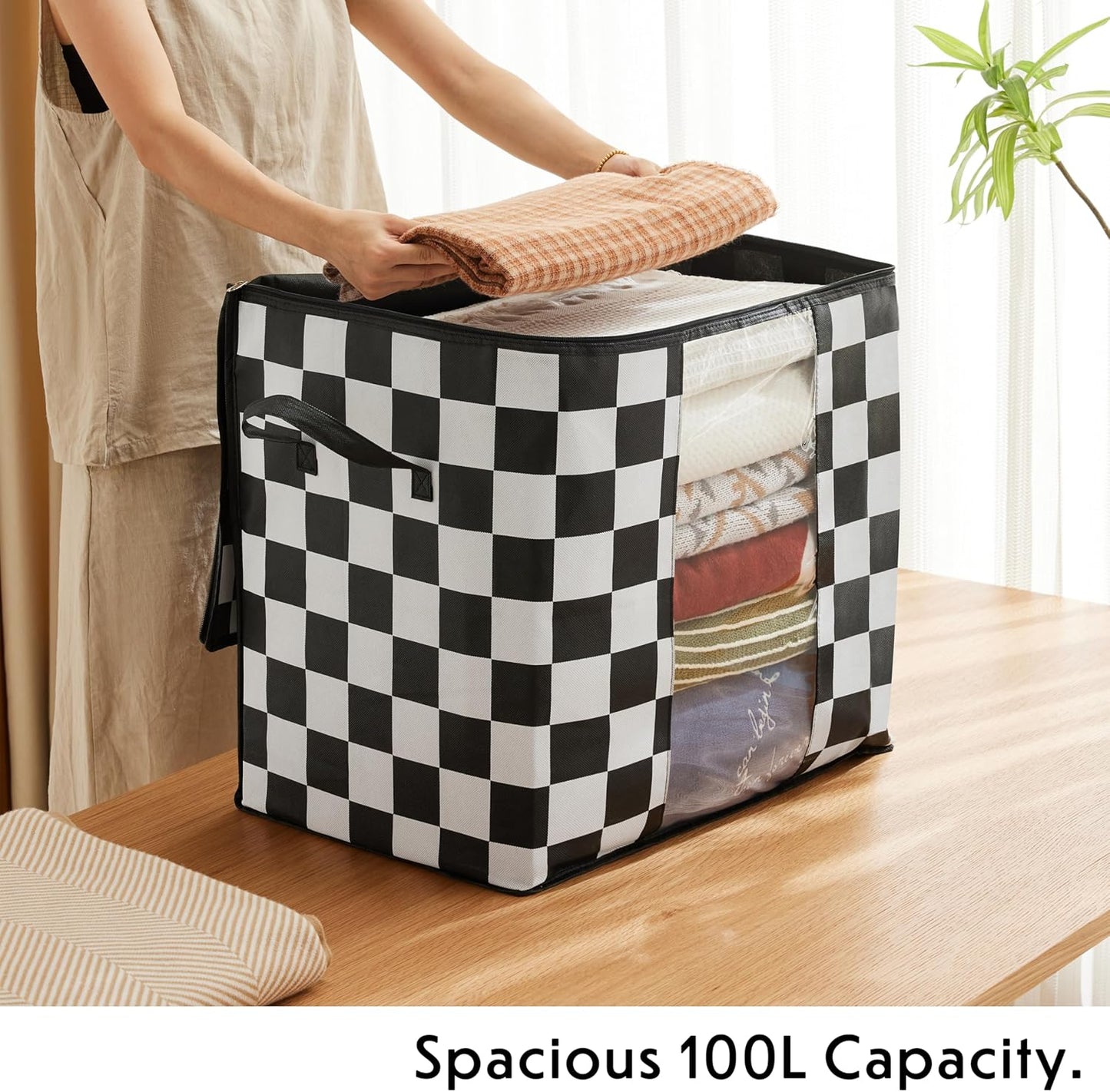100L Large Storage Bags (3 Pack) – Black & White Plaid Fabric Organizers with Clear Window & Handles, 20.5×14.6×20.5 inch