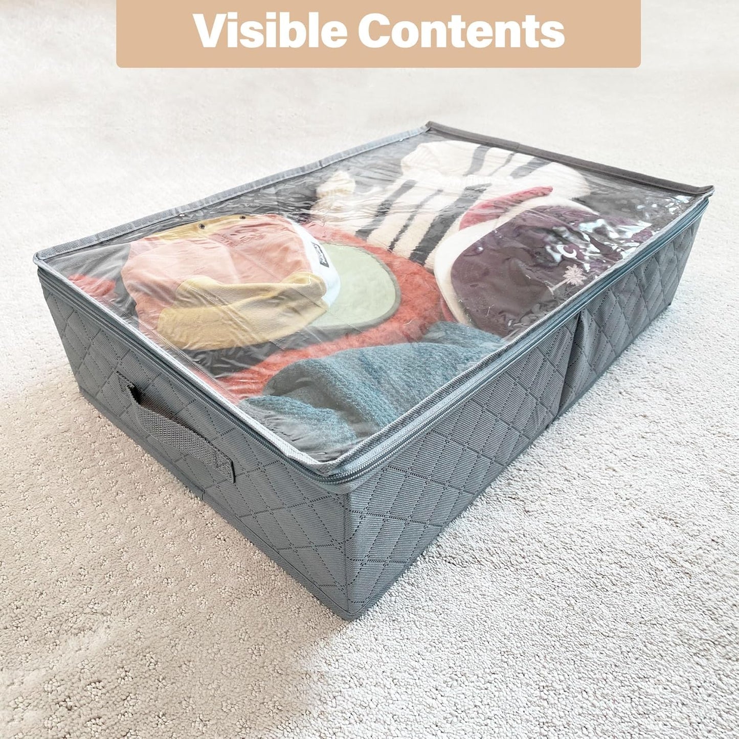 Gray Fabric Under Bed Storage Bags (2 Pack) – Large Capacity Foldable Organizers with Clear Lid and Handles, 24×16×6 inch